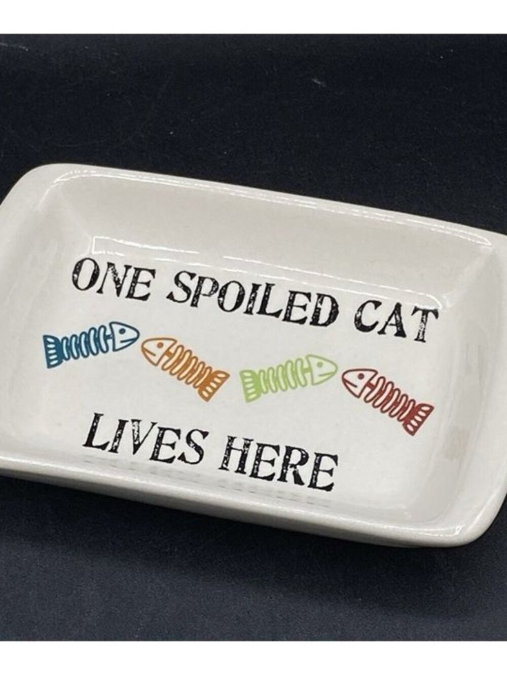PETRAGEOUS White Ceramic Rectangular Cat Bowl Dish "One Spoiled Cat Lives Here"